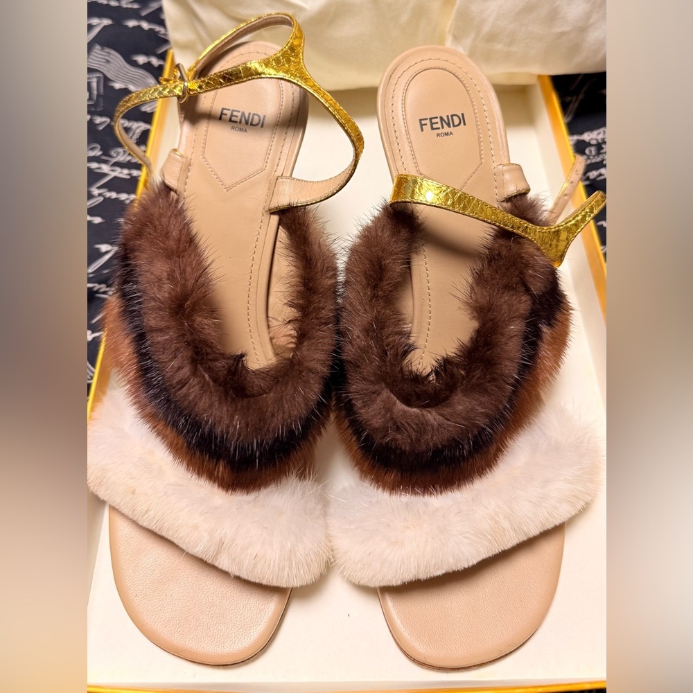Fendi Gold and Brown Fur Strap Sandals - Picture 2 of 3